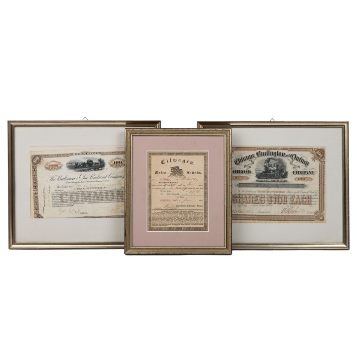 3tlg. Konvolut Aktien und Reiseschein, 19. Jh., 