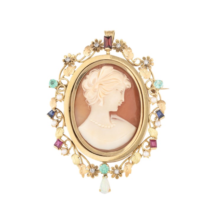 Anhänger/Brosche mit Muschelkamee,  