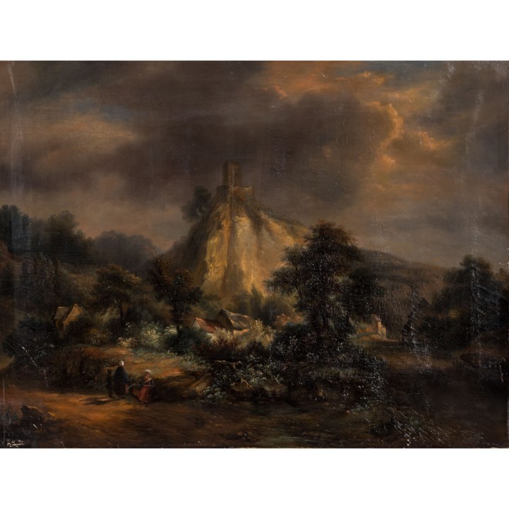 MALER/IN 19. Jh., 'Romantische Landschaft mit Burg in Gewitterstimmung', 