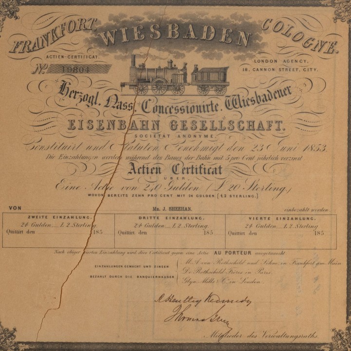Aktien Zertifikat Herzogl. Nass. Concessionirte Wiesbadener Eisenbahn Gesellschaft, 1853, 