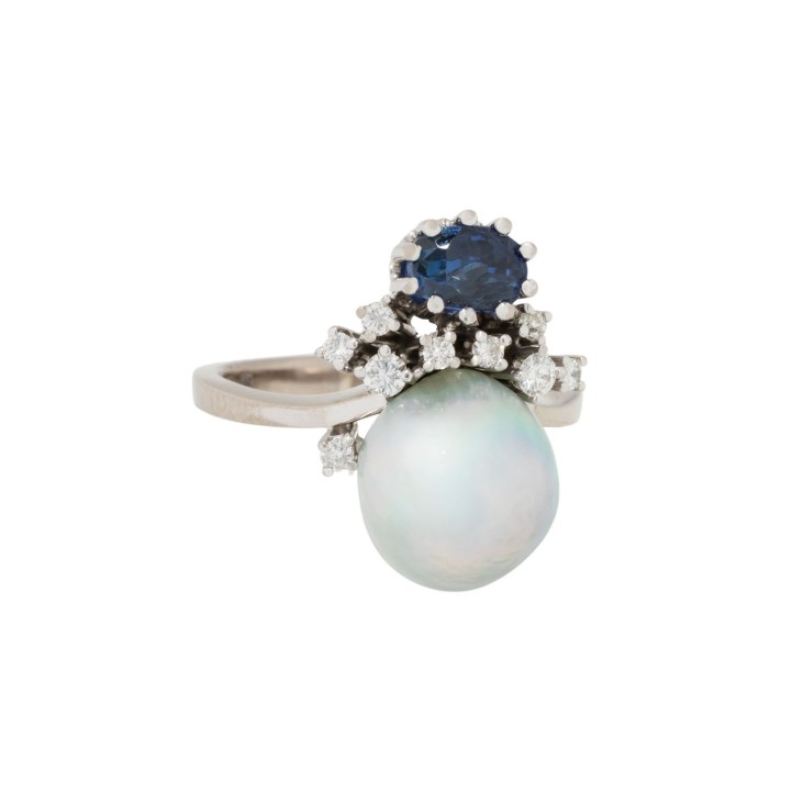Ring mit Saphir, Südseeperle und Brillanten 