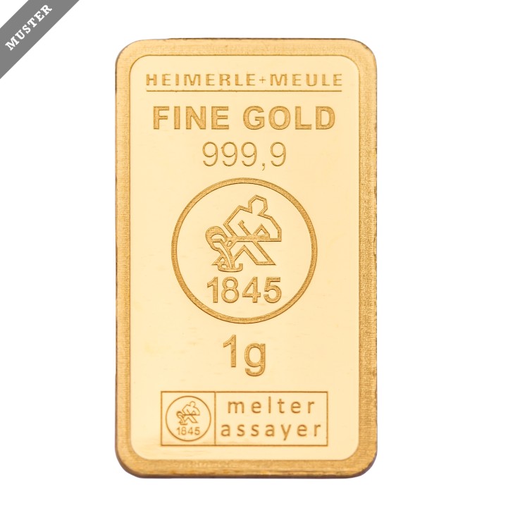 Goldbarren – 1g GOLD fein, geprägter Goldbarren, Heimerle+Meule, 