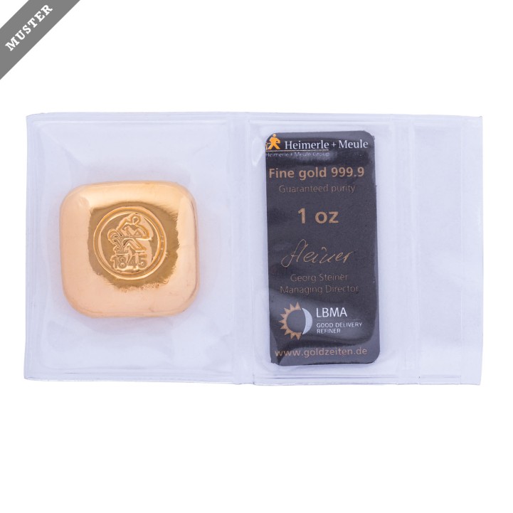 GOLD bar - 1 oz gold fine, cast, in square shape, manufacturer: Heimerle+Meule 