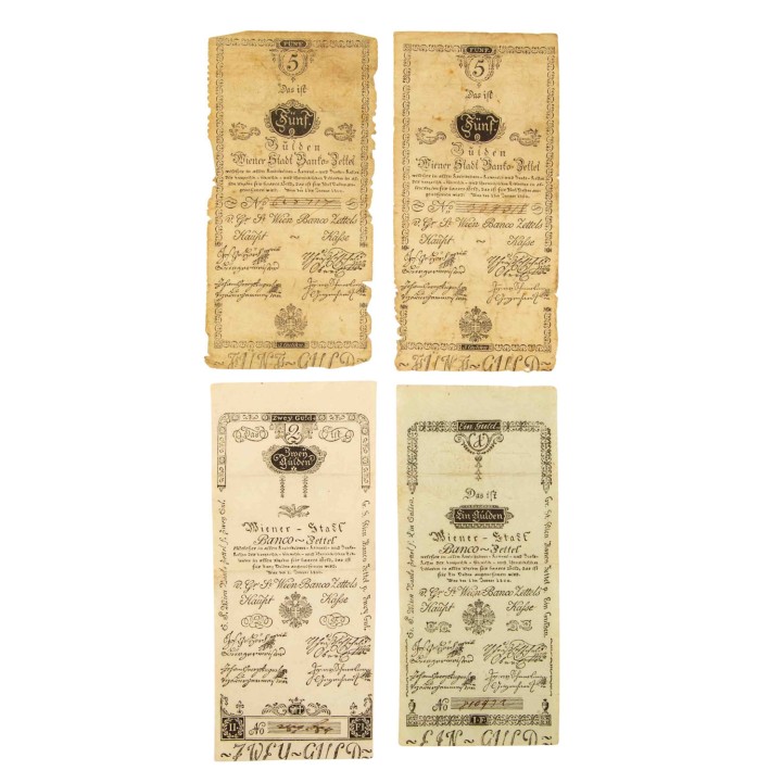 Österreich - Wiener Stadt Banco Zettel 1800, 4 Noten zu 1 Gulden,  