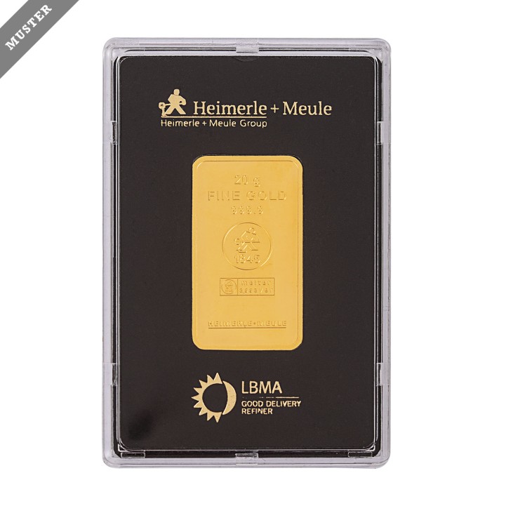 Gold bar - 20g GOLD fine, embossed gold bar, make Heimerle+Meule, 