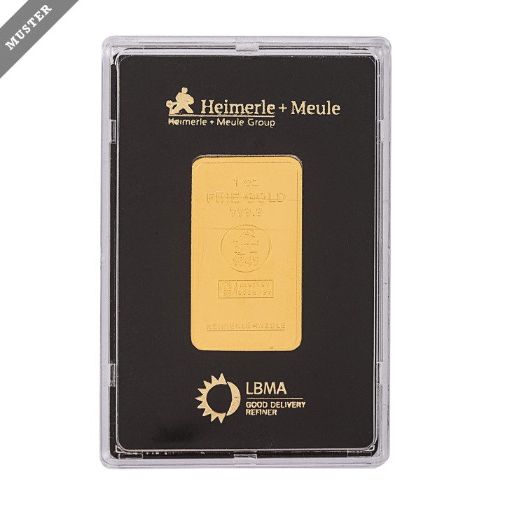 Gold bar - 1 oz GOLD fine, minted gold bar, make Heimerle+Meule, 