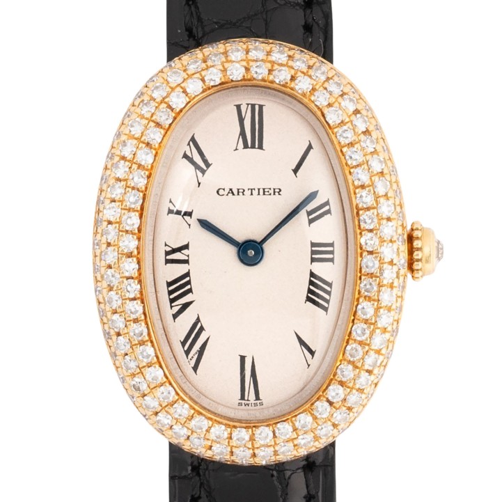 CARTIER seltene Baignoire 'Factory Diamonds' Ref 866046 Damenuhr von 1990. Box und Papiere.  