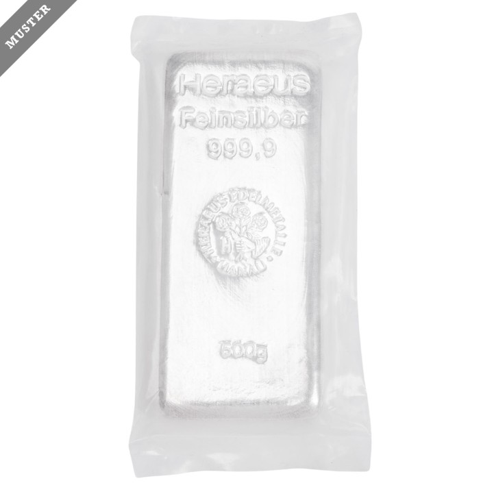 SILBERbarren – 500 g SILBER fein, Silberbarren gegossen, Hersteller Heraeus,  