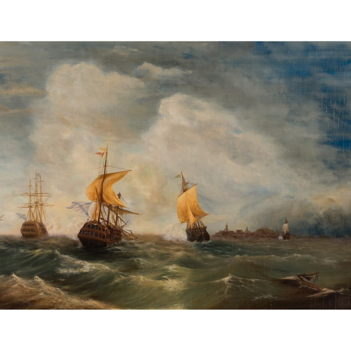 MARINEMALER DES XX JAHRHUNDERTS "Schiffe auf bewegter See vor einer Küste" 