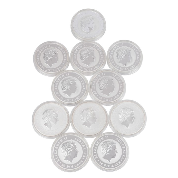 Australien/SILBER - Investmentlot – 11 x 30 Dollars 2012, je 1 kg Kookaburra/Koala, 