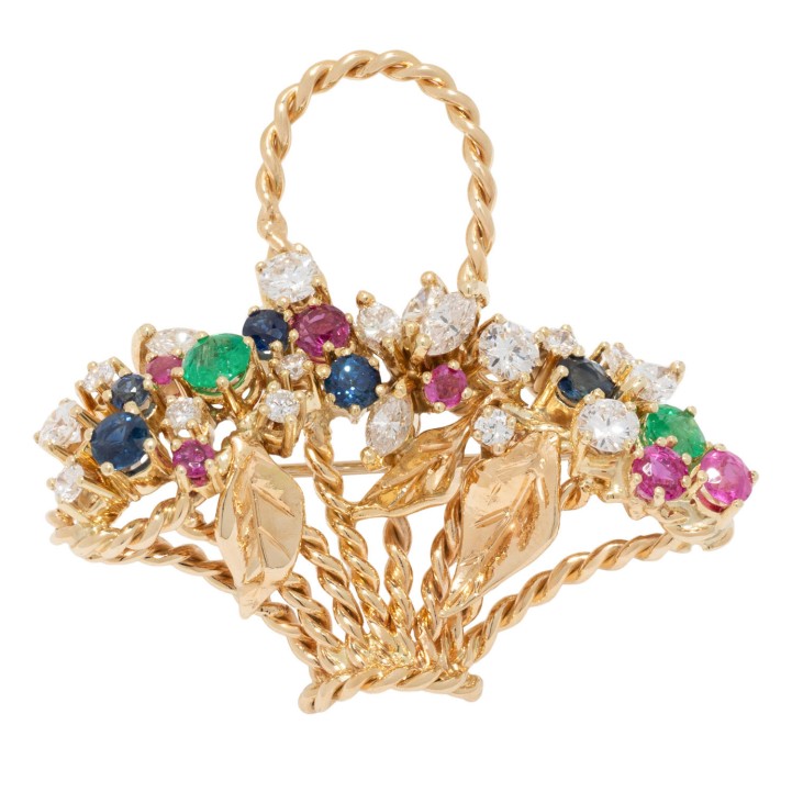 Brosche „Blumenkorb“, mit 18 Diamanten,  