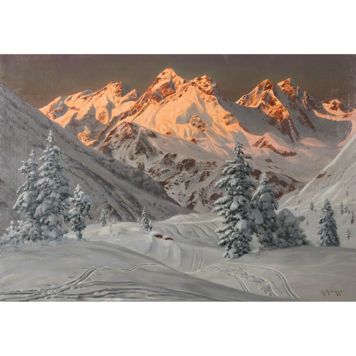 ARNEGGER, ALOIS (1879-1963), "Abendrot über verschneitem Alpenpanorama", 