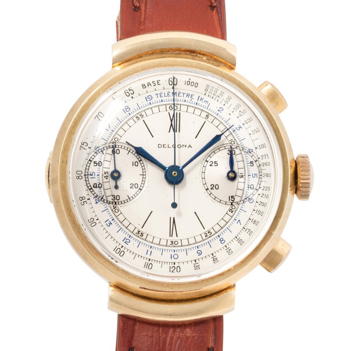 DELCONA / MINERVA Vintage Multiscale-Chronograph in 14K Gelbgold von ca. 1950. 