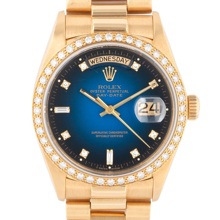 ROLEX Day-Date 36 'Diamond Blue Vignette' in 18K Gelbgold Ref. 18038, ca. 1980.  