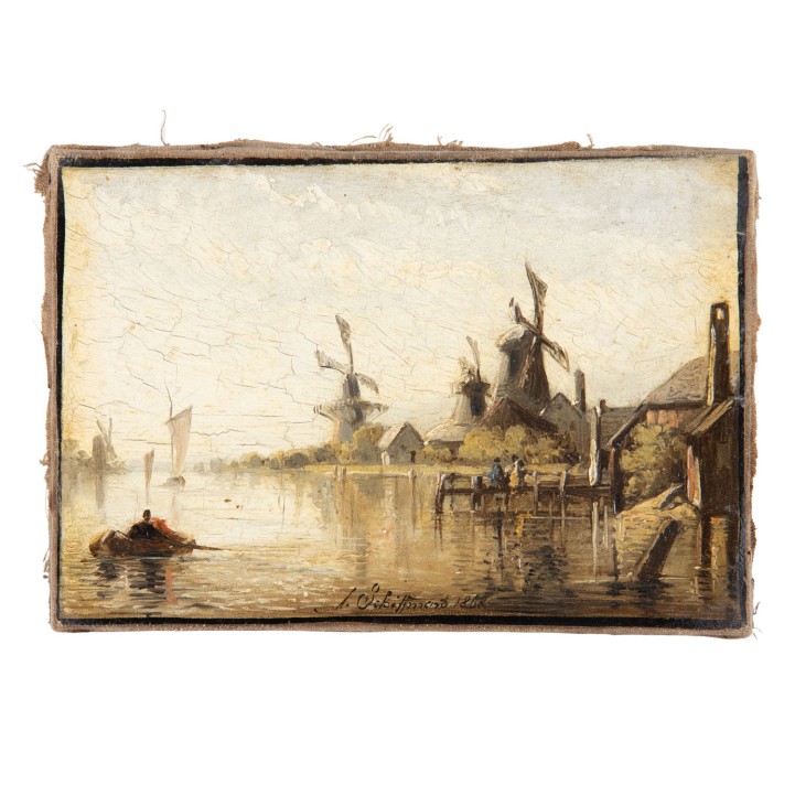 SCHIFFMANN, JOST (1822-1883), "Windmühlen an einem Fluss oder Bodden", 1868, 