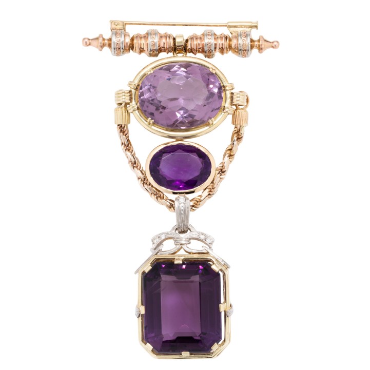 Üppige mehrgliedrige Brosche mit 3 Amethysten  