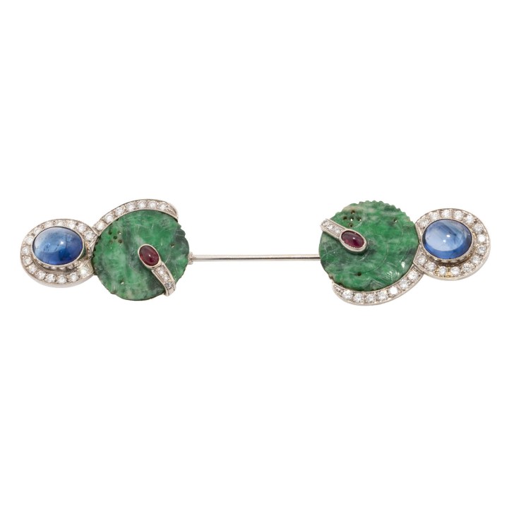 Jabot-Anstecknadel mit Brillanten, Saphiren,  