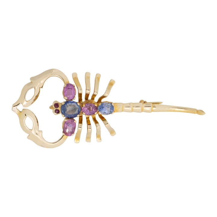 Brosche/Anhänger 'Skorpion' mit 2 blaue, 3 pinke Saphiren  