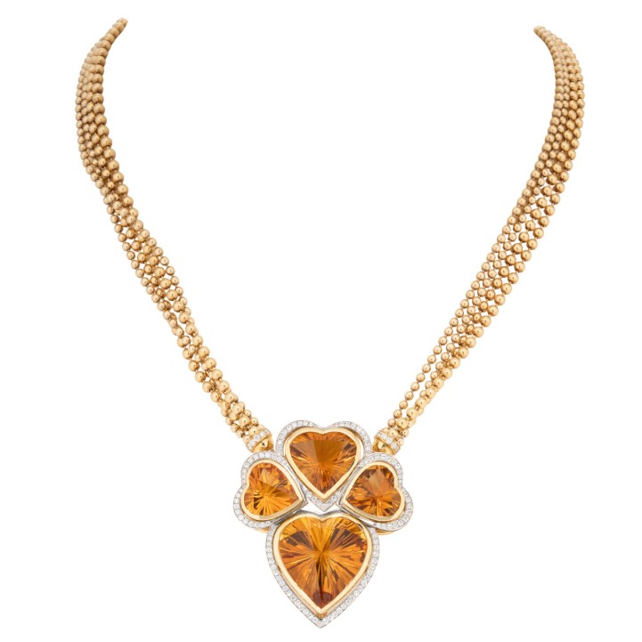 Collier mit 4 Citrin-Herzen zus. 37,40 ct. umrandet mit Brillanten zus. 0,98 ct.  