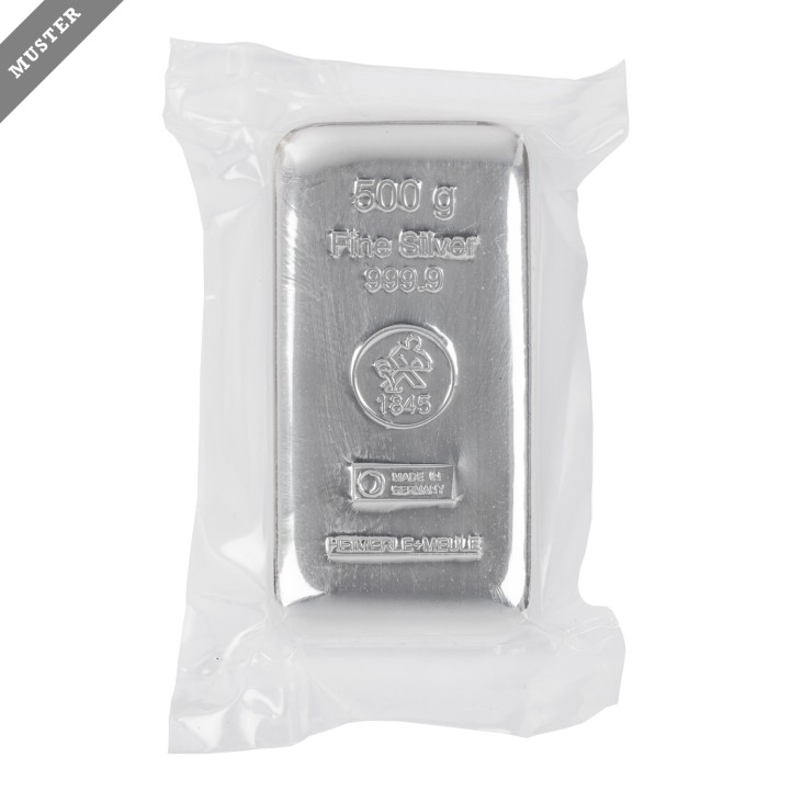SILBERbarren – 500 g SILBER fein, gegossener Silberbarren, Hersteller Heimerle + Meule, 