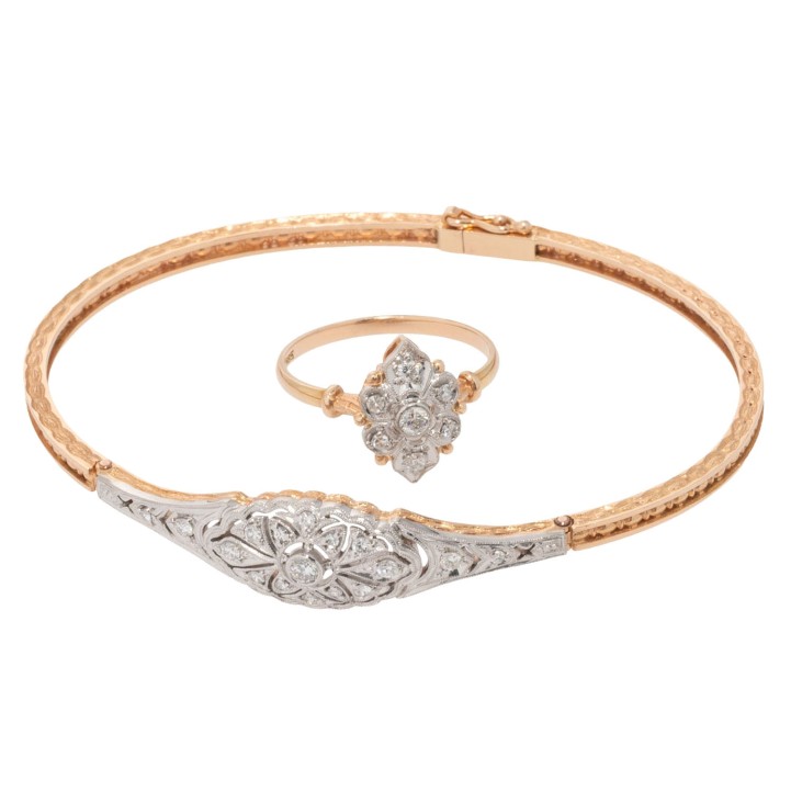Armreif und Ring im Art-Deco Stil mit Diamanten,  