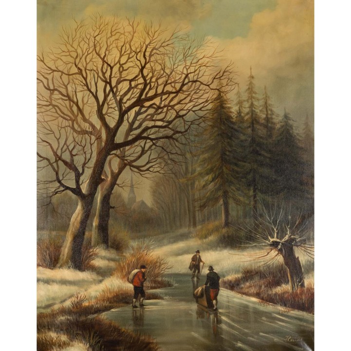 THOMAS, M. (1919), "Verschneite Landschaft mit Personen auf gefrorenem Fluss", 