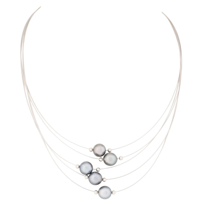 Collier 5-reihig mit grauen Perlen,  