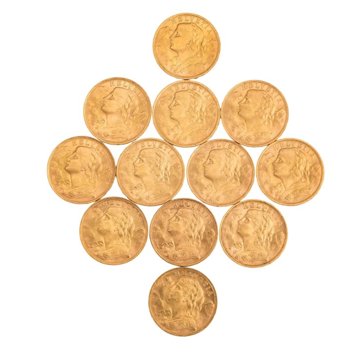 Schweiz/GOLD - 20 Franken 'Vreneli'. 12 Stück. 