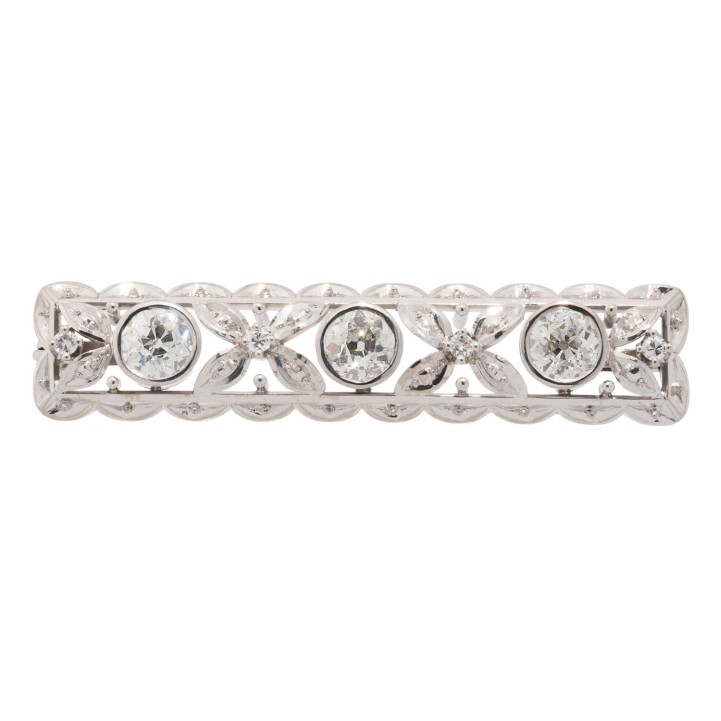Brosche mit 3 Altschliffdiamanten je 0,6 ct,  