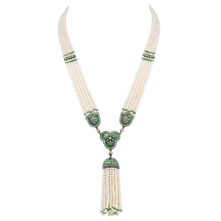 Quasten-Perlencollier 5-reihig  mit Brillanten zus. ca. 3,6 ct.  
