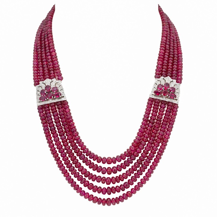 Herausragendes Rubincollier 5-reihig  mit Diamanten zus. 1,95 ct. 