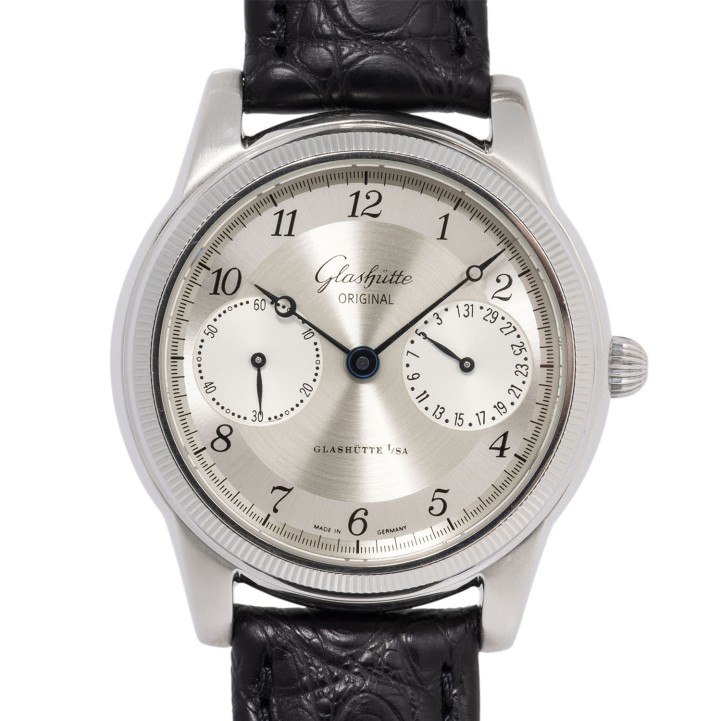 GLASHÜTTE ORIGINAL 1845 Zeigerdatum Herrenuhr Ref. 4902010104 mit Box und Papieren von 1997.  