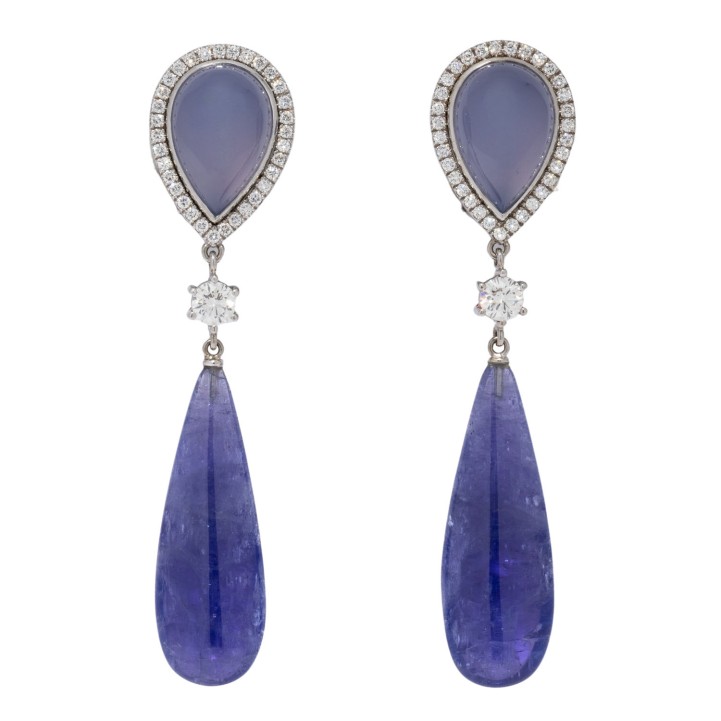 Elegantes Paar Ohrgehänge, bes. mit Chalcedon u. Tansanit-Cabochons 