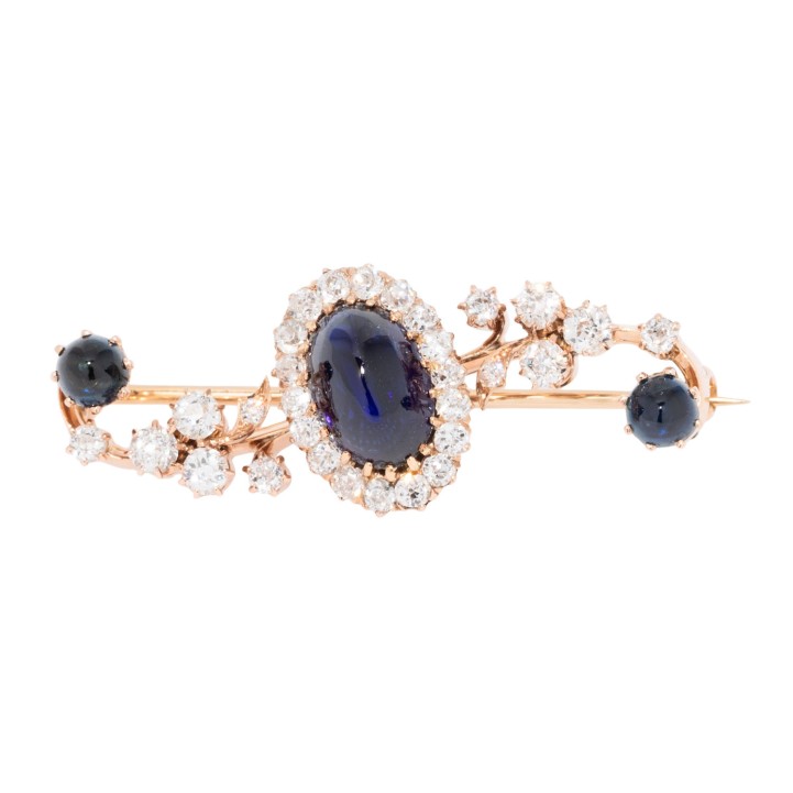 Brosche mit Saphircabochons und Altschliffdiamanten 