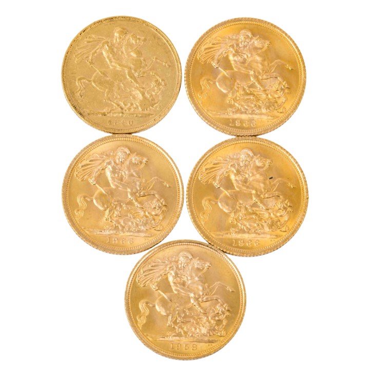 Großbritannien/GOLDlot- 5x 1 Sovereign, 