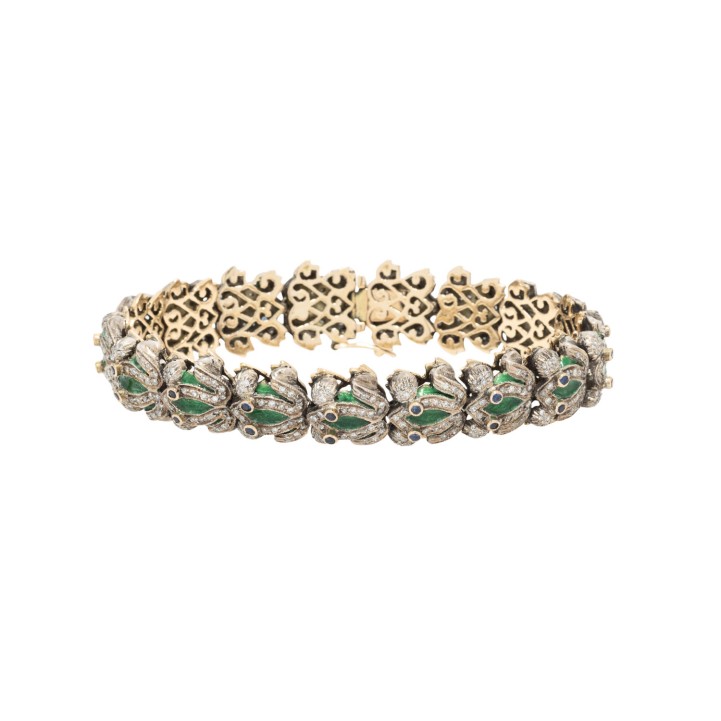  Armband 'Frösche' mit Diamanten zus. 4,20 ct. und Safiren sowie  Emaille,  