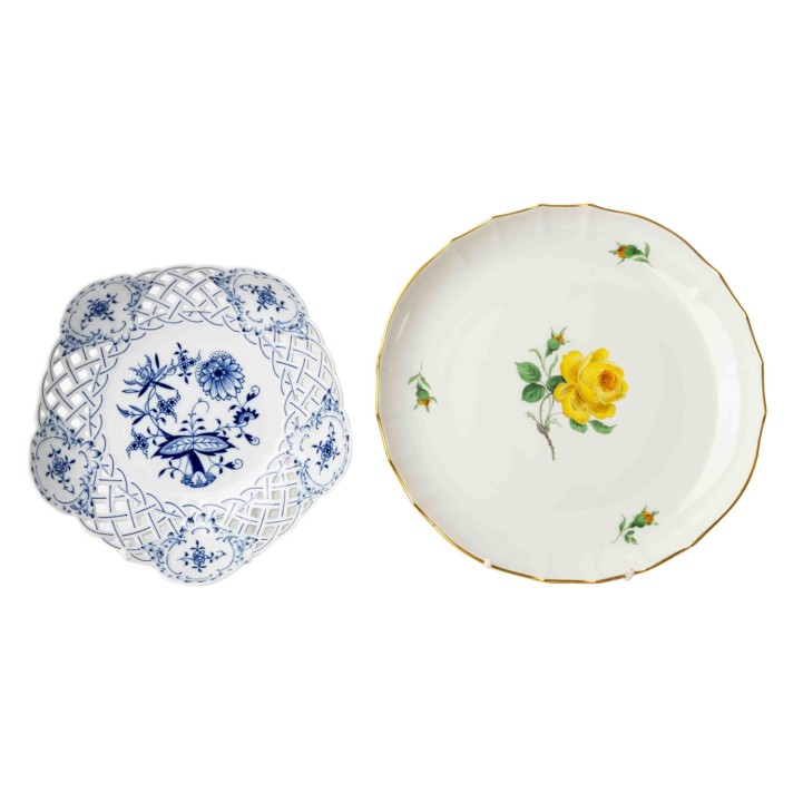 MEISSEN Schale 'Zwiebelmuster' und Kuchenschale 'Gelbe Rose', 1. und 2. Wahl, 20. Jh. 