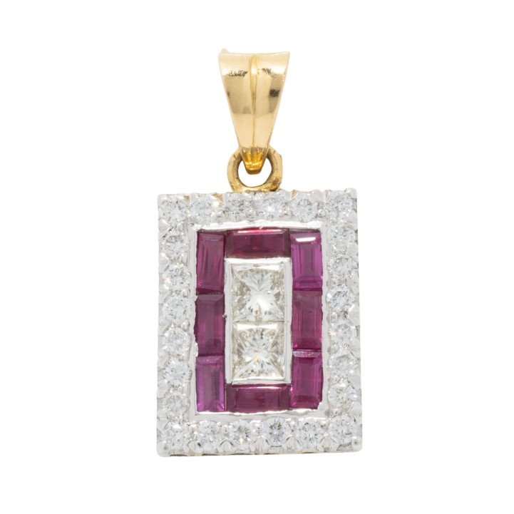 Anhänger mit Rubin-Baguettes und Diamanten zus. ca. 0,80 ct. 
