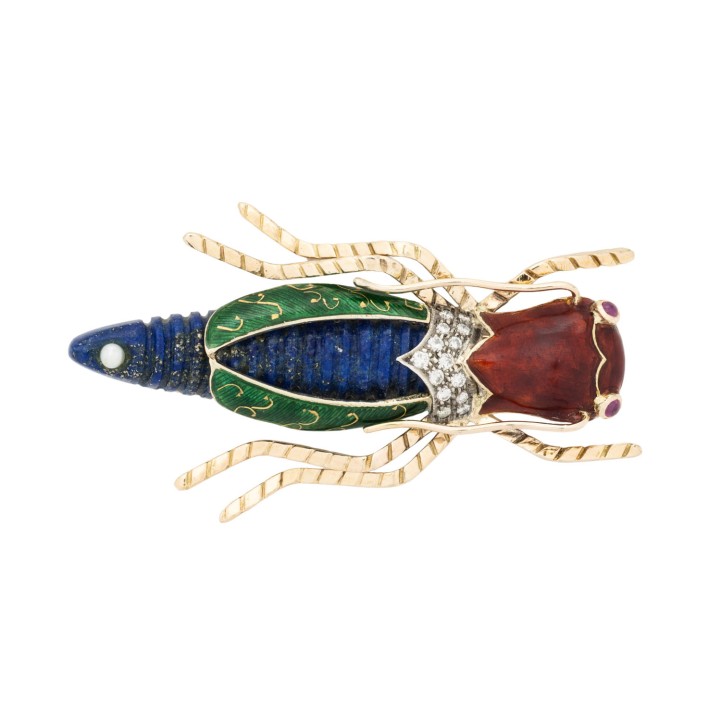 Brosche 'Insekt' mit Lapis, Rubinen, Perle und Brillanten zus. ca 0,14 ct. 