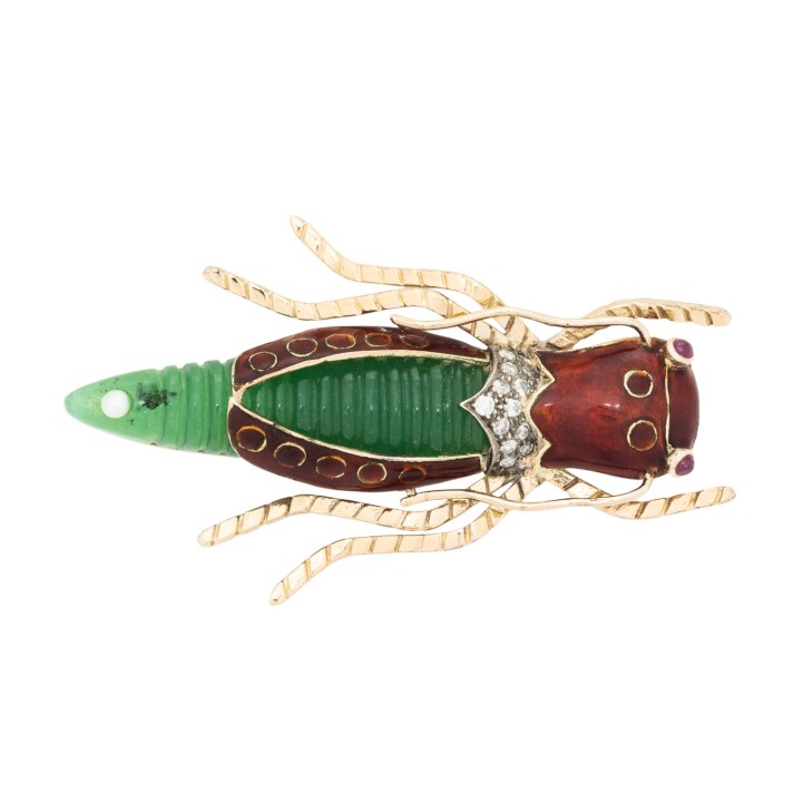 Brosche 'Insekt' mit Jade, Rubinen, Perle und Brillanten zus. ca. 0,14 ct. 