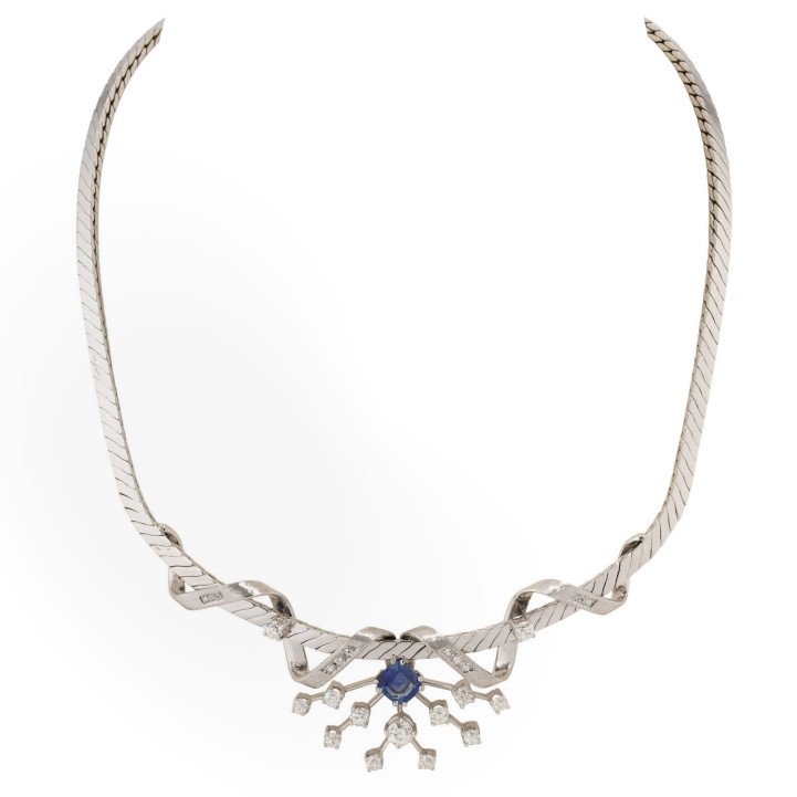 Collier mit Saphir und Altschliffdiamanten von zus. ca. 1,90 ct,  