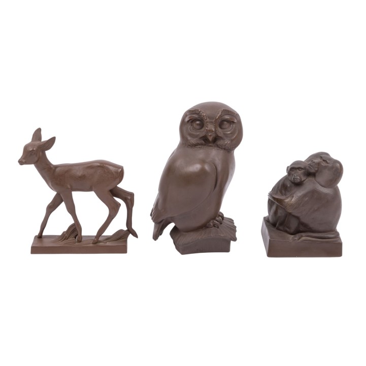 MEISSEN 3 Tierfiguren, Böttgersteinzeug, 20. Jh. 