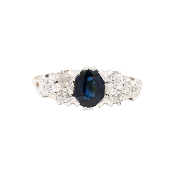 Ring mit Saphir und 6 Altschliffdiamanten, 