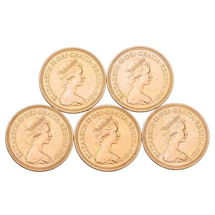 Vereinigtes Königreich /Investmentlot GOLD - 5 x 1 Sovereign Elisabeth II. (Diadem) 