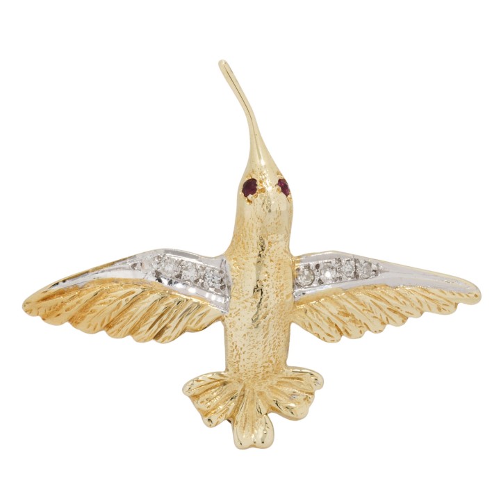 Brosche 'Kolibri' mit Diamanten und Rubinen,  