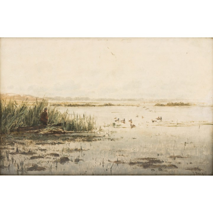 FERRY, JULES JEAN (1844-1900) 'Jäger im Boot am Schilfufer' 
