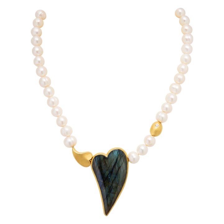 Perlencollier mit Labradoritherz und Brillant ca. 0,08 ct, 