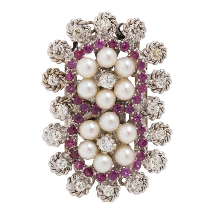 Anstecknadel floral mit Perlen, Rubinen und Diamanten   