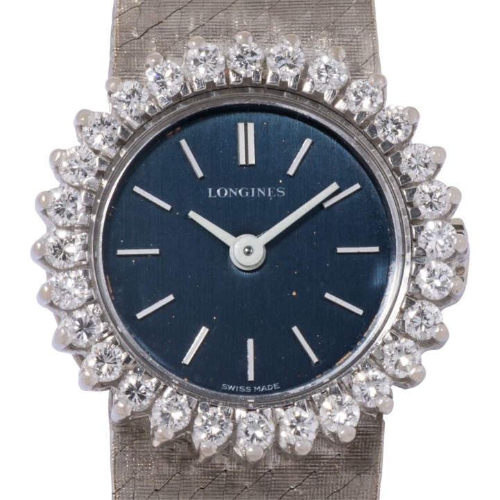 LONGINES Vintage Weißgold Damen Cocktailuhr mit Brillantlünette. 