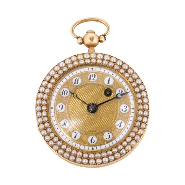 Anonyme Lépine Spindel-Taschenuhr mit Guilloche und Perlenbesatz von ca. 1800.  